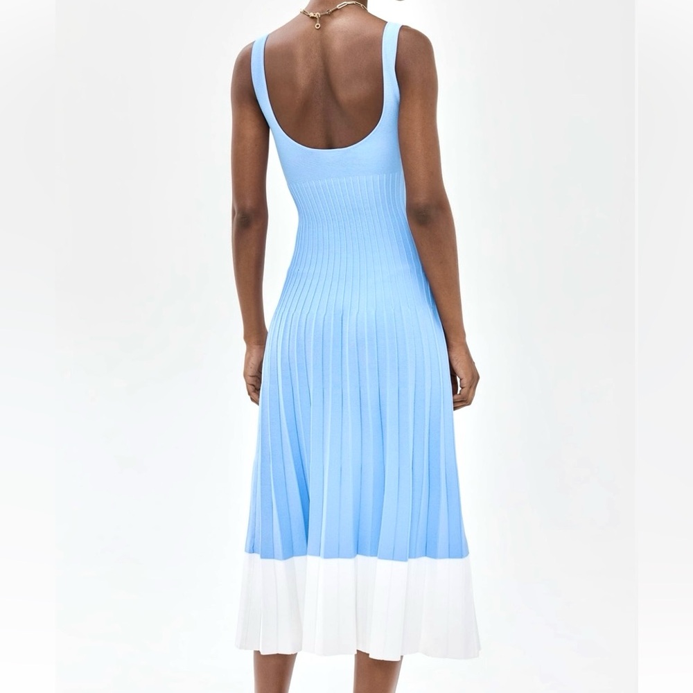 🌺🎉HP🎉🌺 NWT Staud Ellison Pleated Midi Dress Blue White 🌟Rare🌟 - Picture 7 of 15